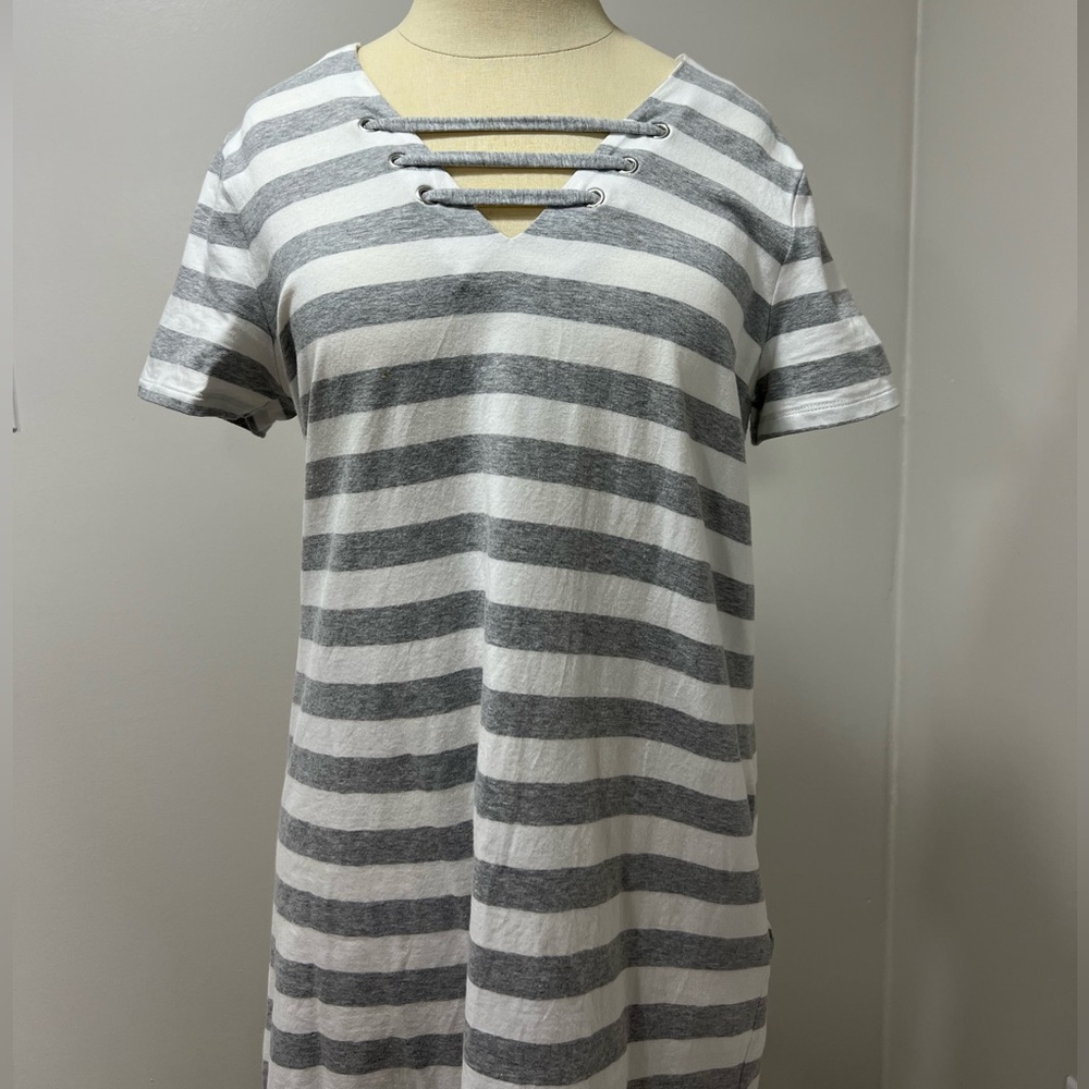 Michael Kors Gray and White Horizontal Striped Cotton Shift Dress